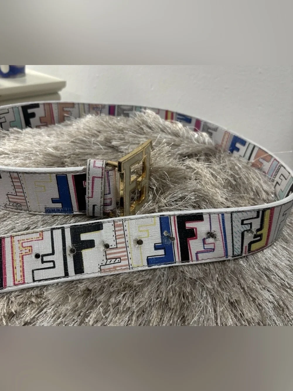 Fendi FF White leather Belt Multicolor Graphic monogram print gold FF buckle